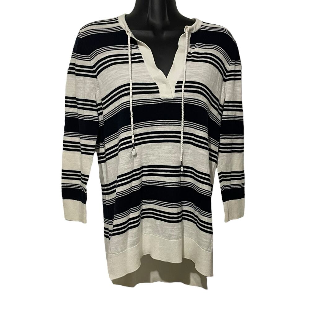 Ann Taylor Loft Womens Size Small Blue Cream Striped High Low Sweater 3/4 Sleeve